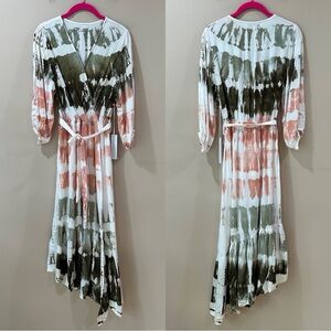 Young Fabulous & Broke Jillian Tie Dye Wrap Midi Dress Olive Peach Ruffle Sz S